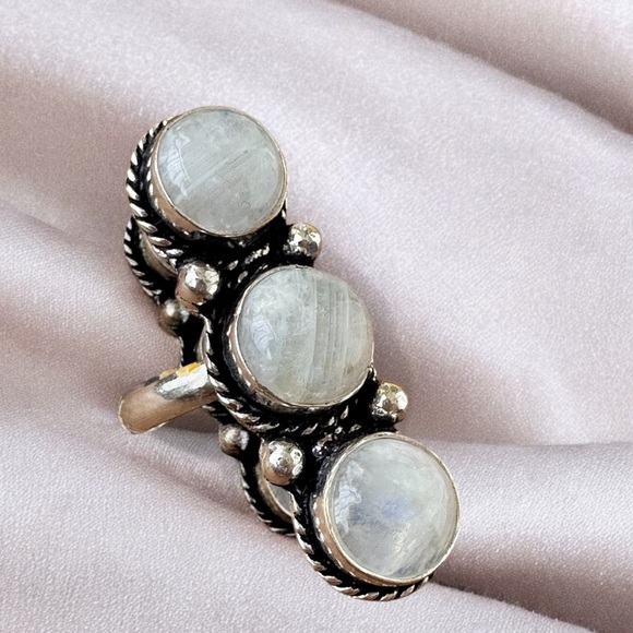 925 Sterling Silver and Triple Natural Rainbow Moonstone Ring - Picture 5 of 13